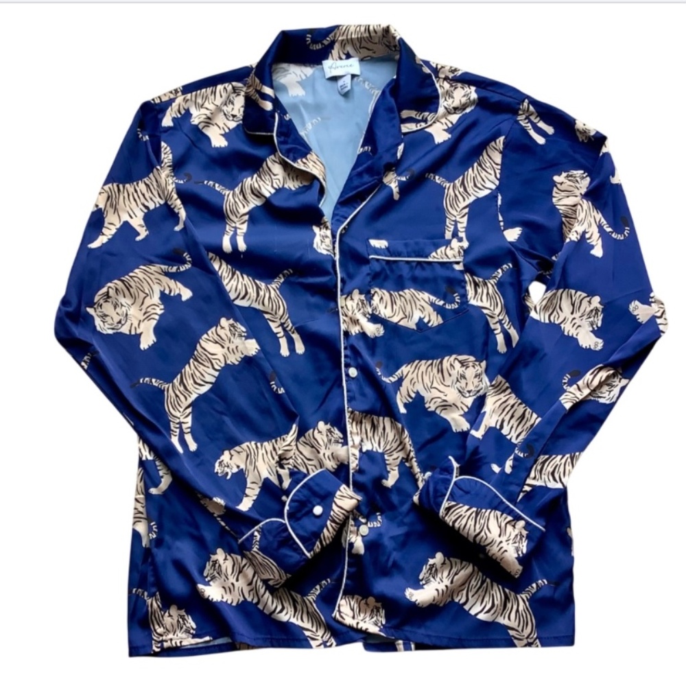 Blue Satin (With White Piping) Tiger Print Pyjama Top